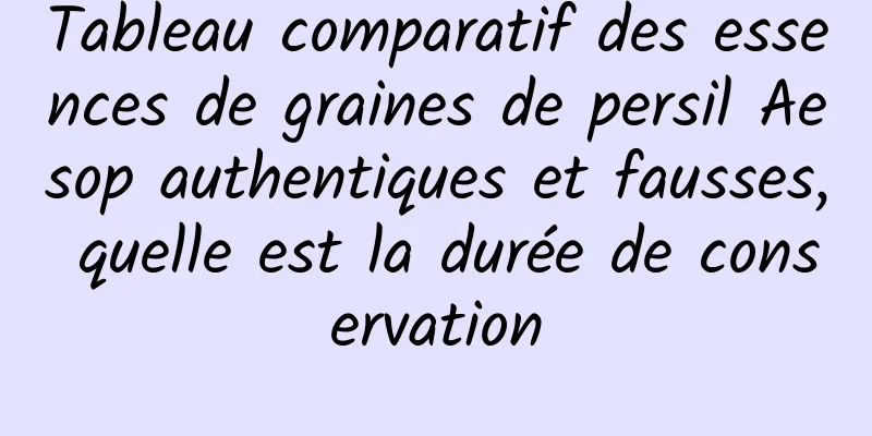 Tableau comparatif des essences de graines de persil Aesop authentiques et fausses, quelle est la durée de conservation